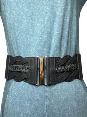 Women's Gray Elastic Faux Leather Braided Gold Accent Waist Belt